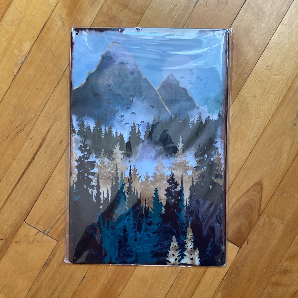 ✴️ Tin Print of Mountain and Forest - Gold and Green Art - Feng Shui!